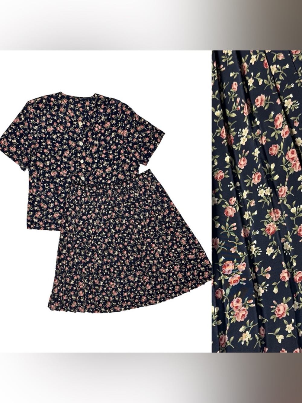 Vtg St Michael Set Pleated Skirt & Short Sleeve Button Top Lightweight Floral L*